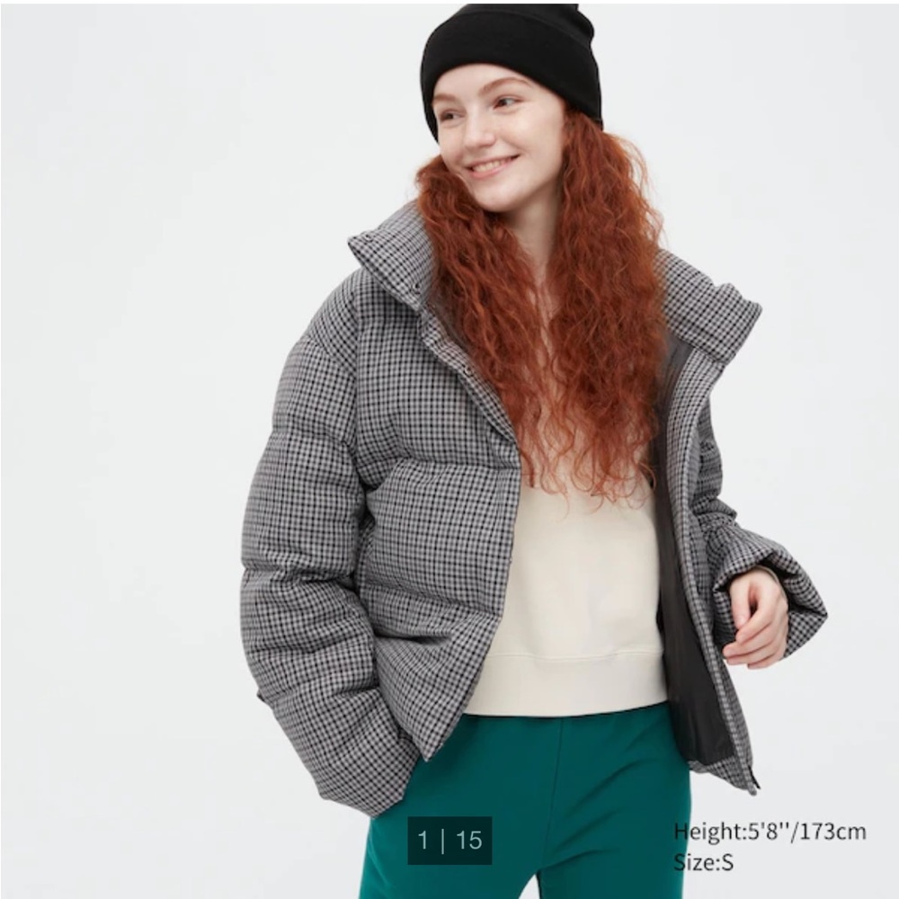 Uniqlo Women Check Patterned Down Puffer Jacket Coat Water Repellent Gray XXL